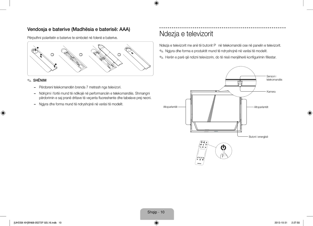 Samsung UE85S9STXXH manual Ndezja e televizorit, Vendosja e baterive Madhësia e baterisë AAA, Shënim 