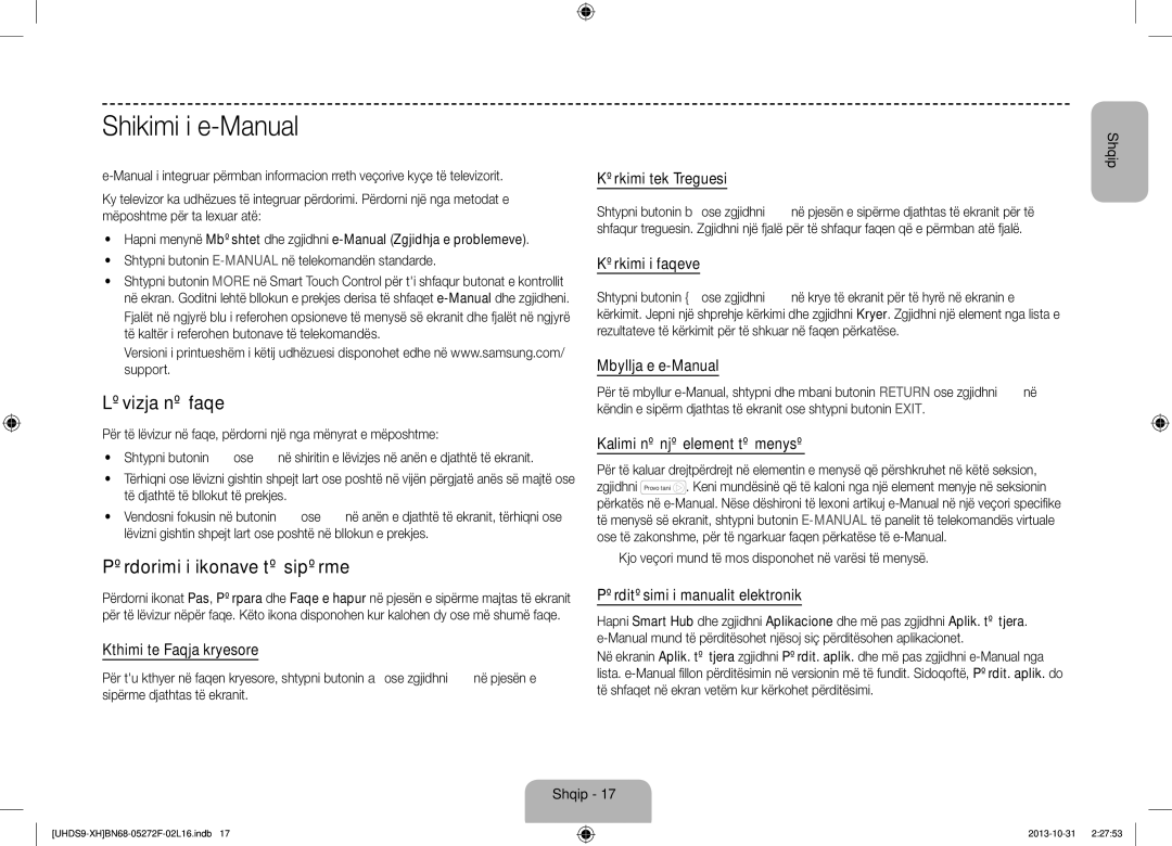 Samsung UE85S9STXXH manual Shikimi i e-Manual, Lëvizja në faqe, Përdorimi i ikonave të sipërme 