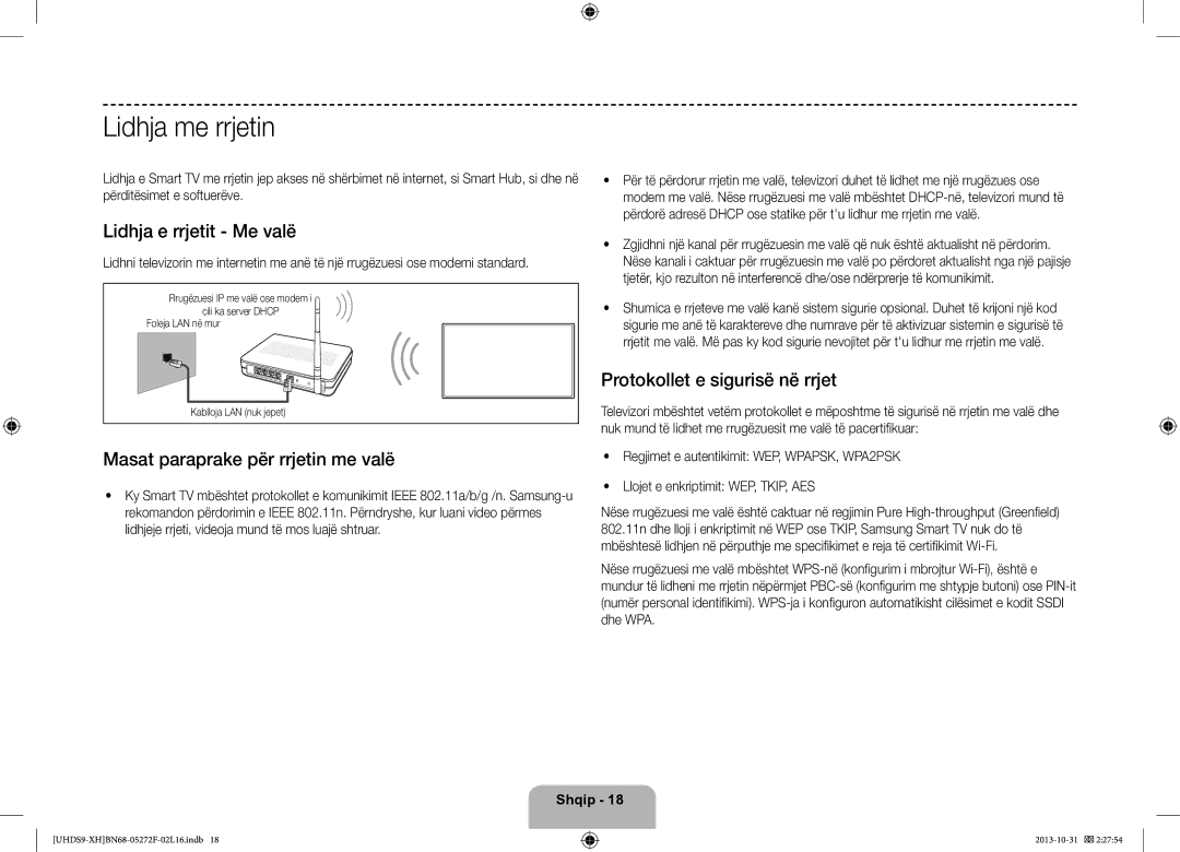 Samsung UE85S9STXXH manual Lidhja me rrjetin, Lidhja e rrjetit Me valë, Protokollet e sigurisë në rrjet 