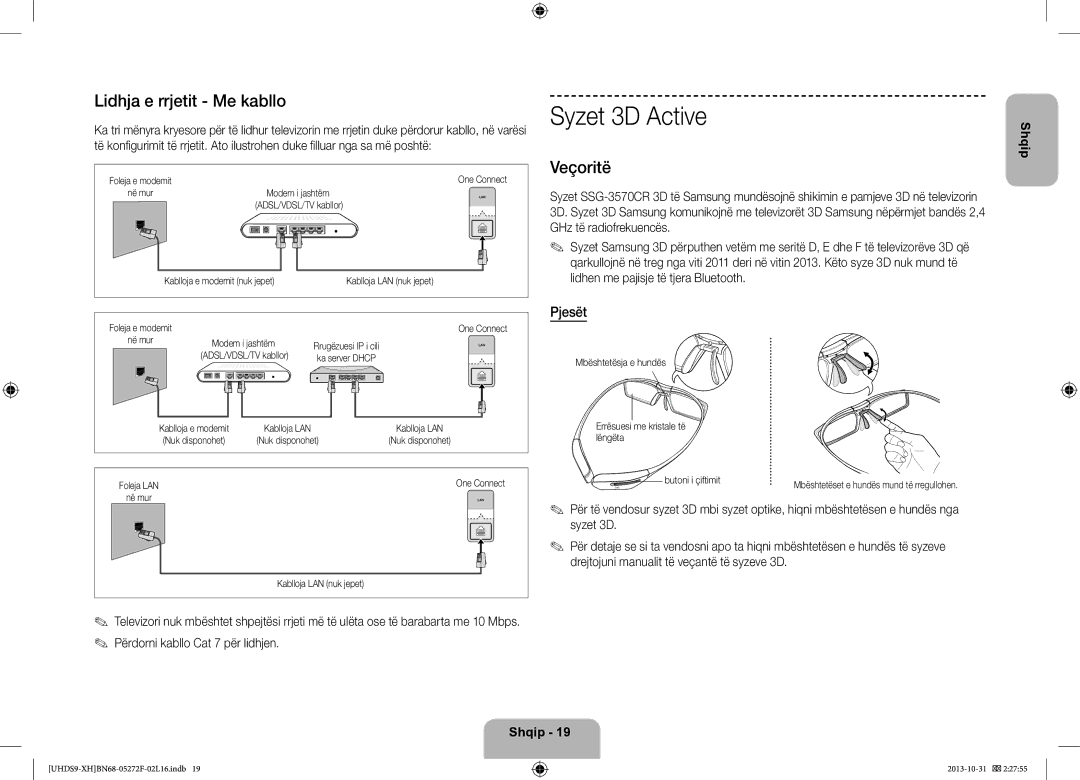 Samsung UE85S9STXXH manual Syzet 3D Active, Lidhja e rrjetit Me kabllo, Veçoritë, Pjesët 