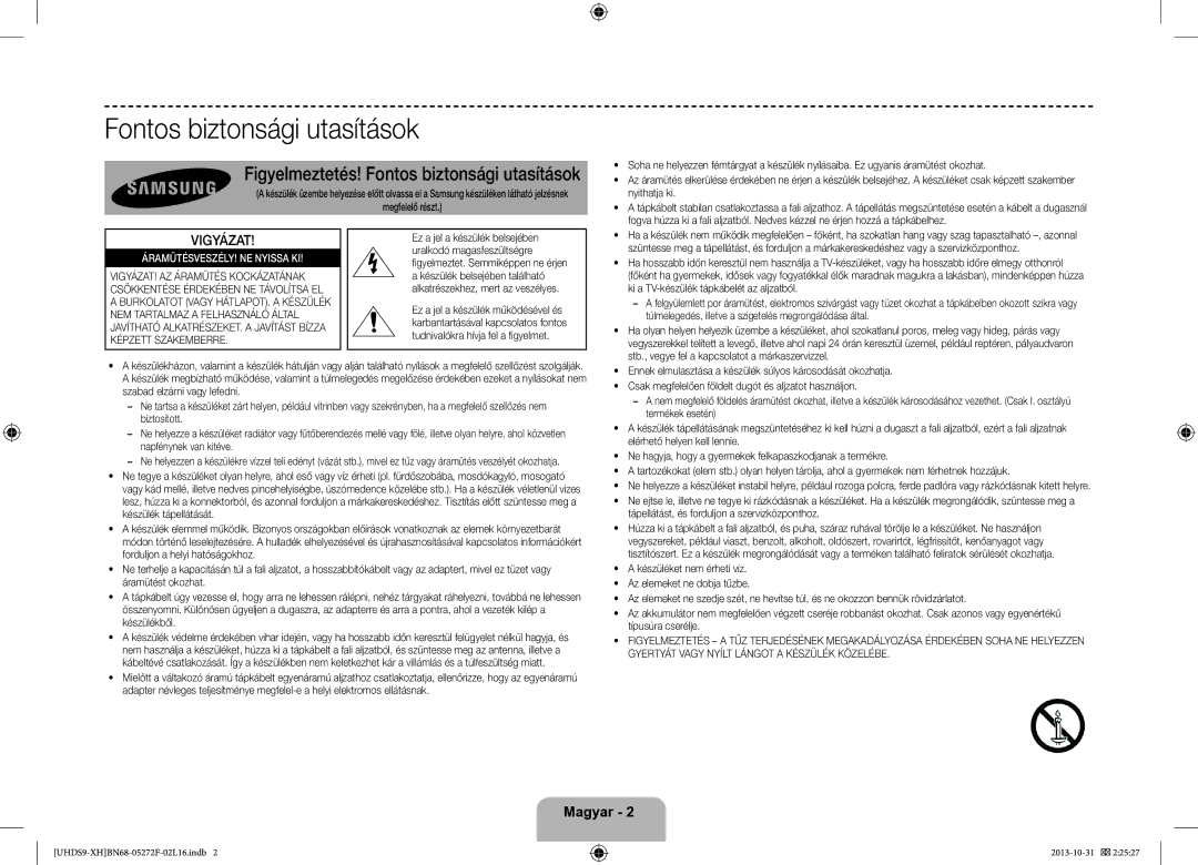 Samsung UE85S9STXXH manual Figyelmeztetés! Fontos biztonsági utasítások, Vigyázat 