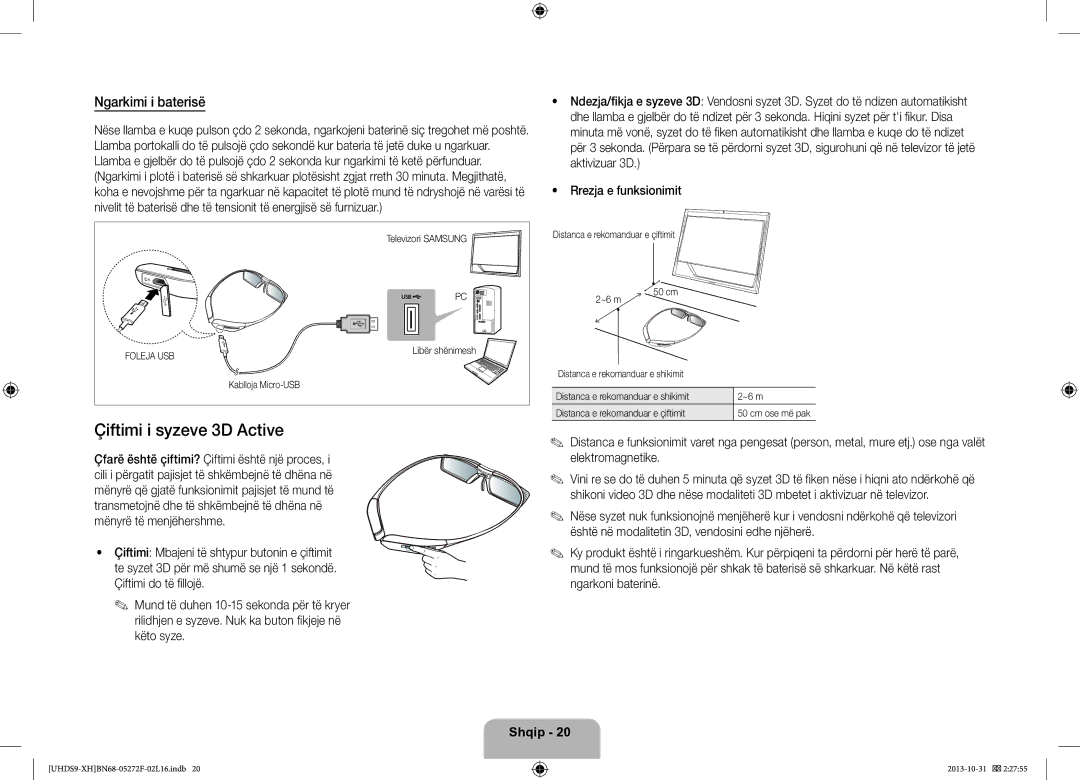 Samsung UE85S9STXXH manual Çiftimi i syzeve 3D Active, Ngarkimi i baterisë, Distanca e rekomanduar e çiftimit 