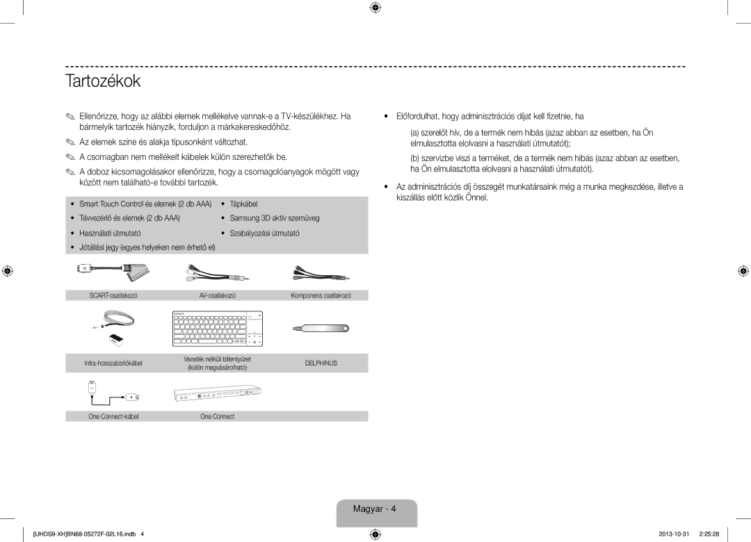 Samsung UE85S9STXXH manual Tartozékok, Előfordulhat, hogy adminisztrációs díjat kell fizetnie, ha 