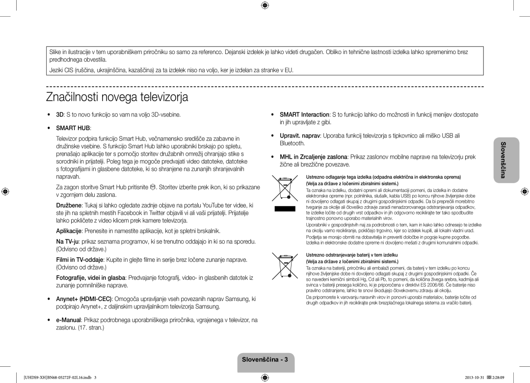 Samsung UE85S9STXXH manual Značilnosti novega televizorja, 3D S to novo funkcijo so vam na voljo 3D-vsebine 