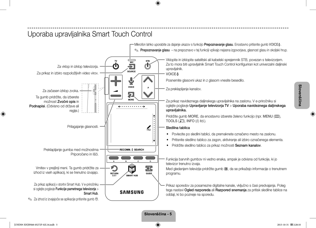 Samsung UE85S9STXXH manual Uporaba upravljalnika Smart Touch Control 