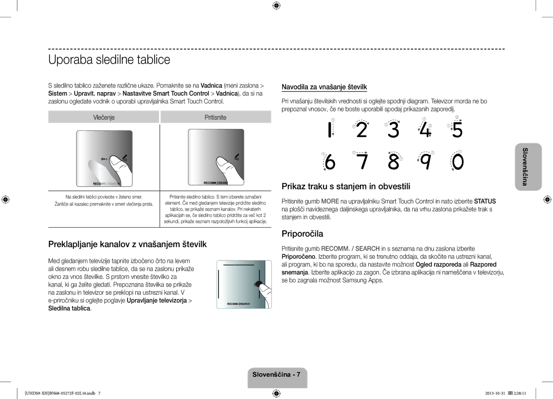 Samsung UE85S9STXXH manual Uporaba sledilne tablice, Preklapljanje kanalov z vnašanjem številk, Priporočila 