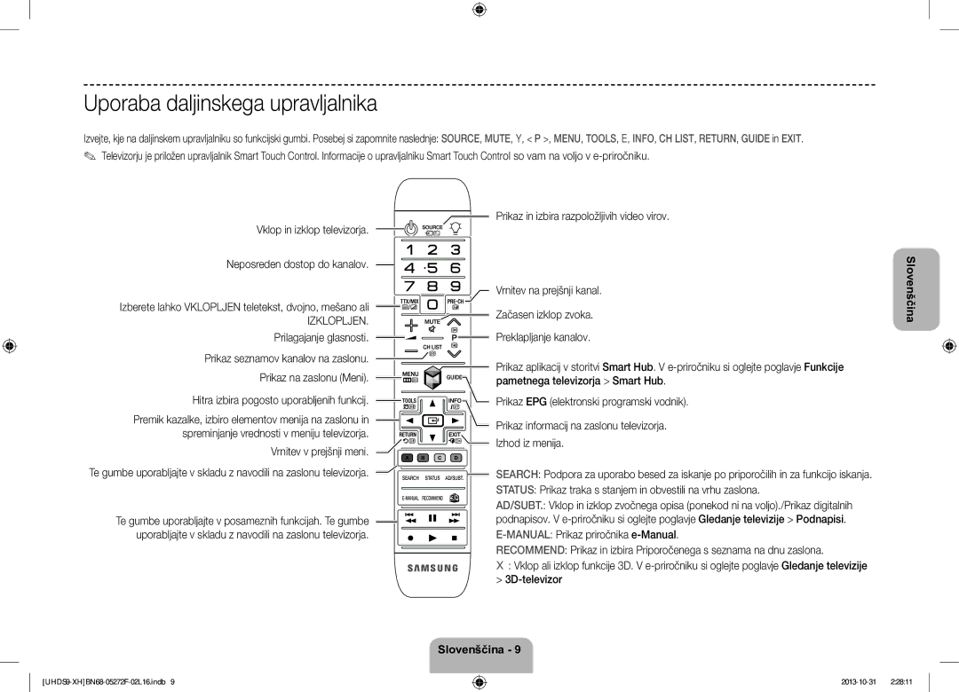 Samsung UE85S9STXXH manual Uporaba daljinskega upravljalnika 