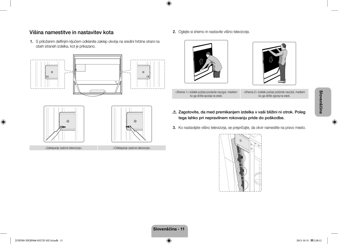 Samsung UE85S9STXXH manual Višina namestitve in nastavitev kota, Oglejte si shemo in nastavite višino televizorja 