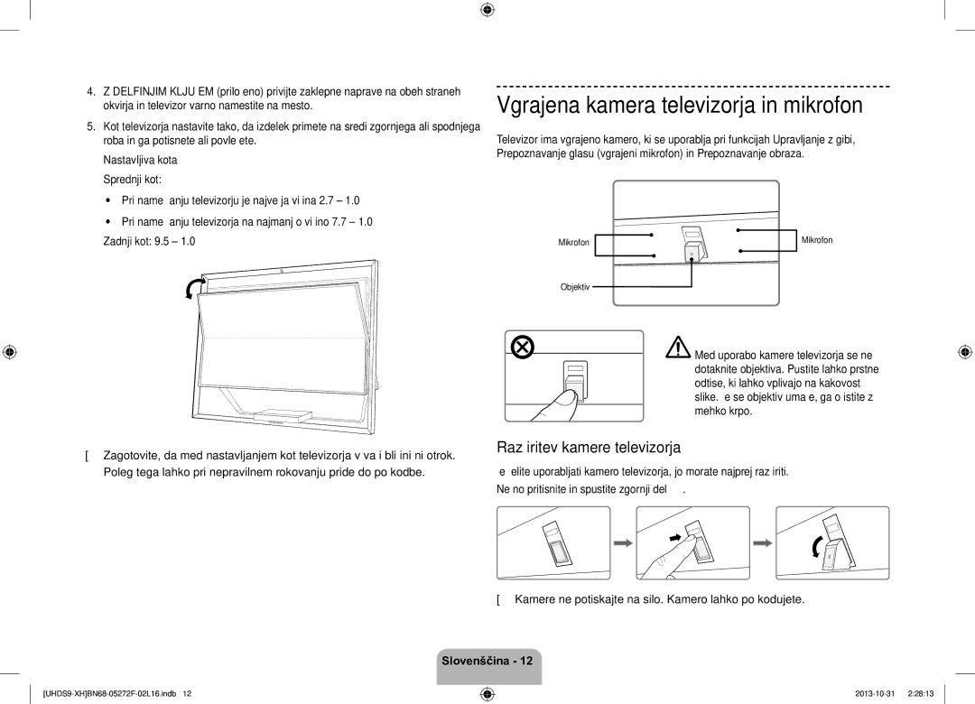 Samsung UE85S9STXXH manual Vgrajena kamera televizorja in mikrofon, Razširitev kamere televizorja 