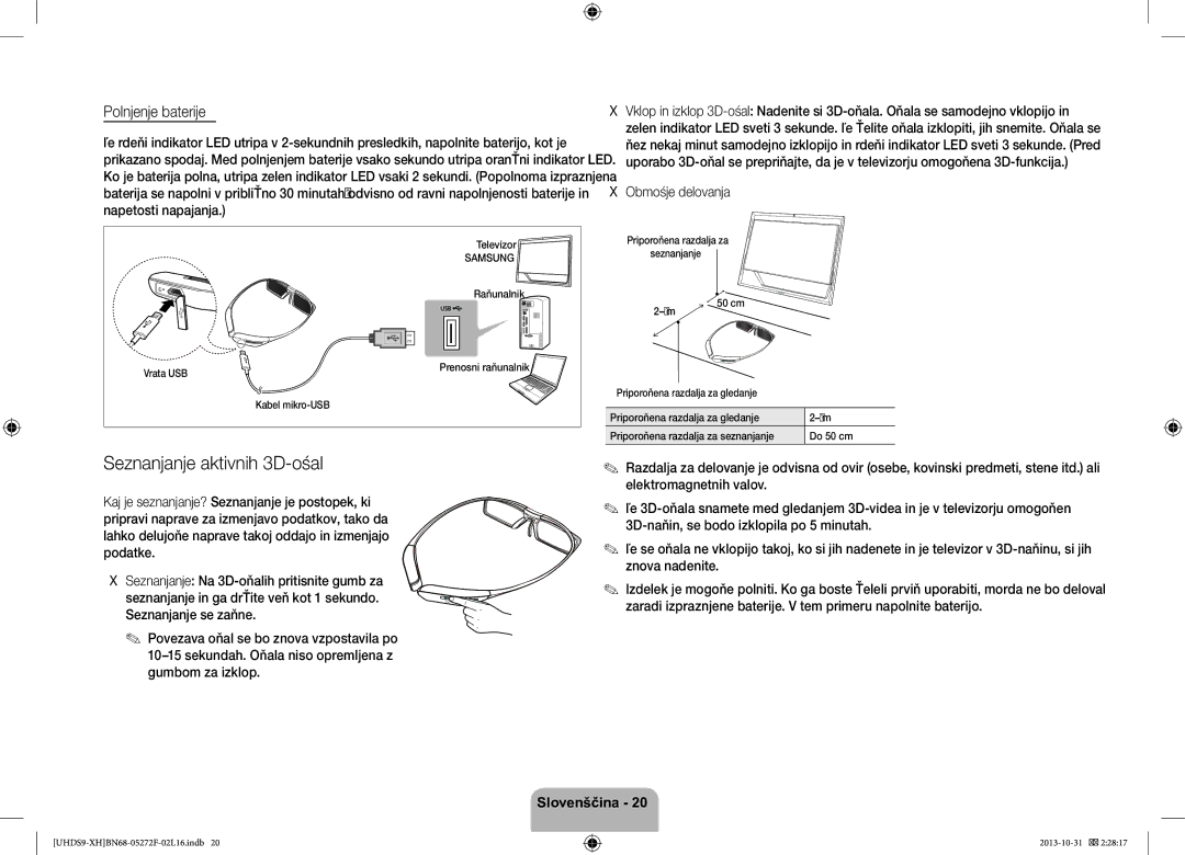 Samsung UE85S9STXXH manual Seznanjanje aktivnih 3D-očal, Polnjenje baterije, Območje delovanja, Kabel mikro-USB 