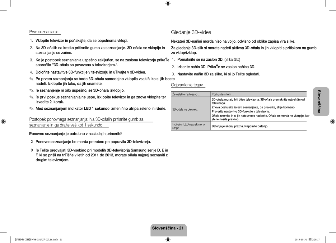 Samsung UE85S9STXXH manual Gledanje 3D-videa, Prvo seznanjanje, Odpravljanje težav 