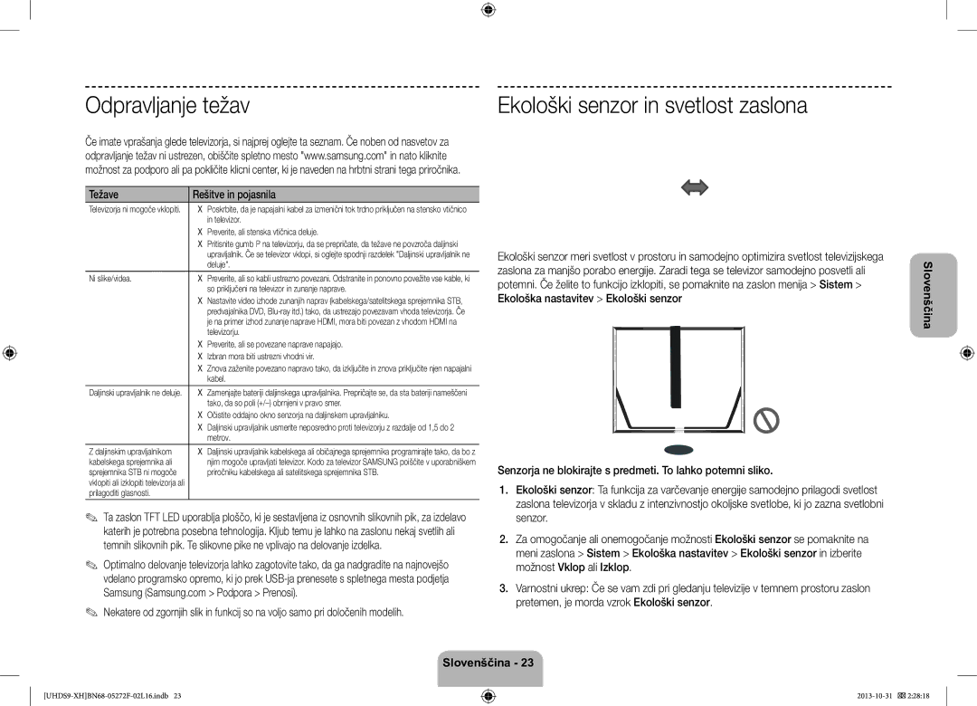 Samsung UE85S9STXXH manual Odpravljanje težav, Ekološki senzor in svetlost zaslona, Težave Rešitve in pojasnila 