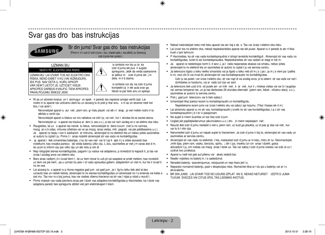 Samsung UE85S9STXXH manual Brīdinājums! Svarīgas drošības instrukcijas, Uzmanību 