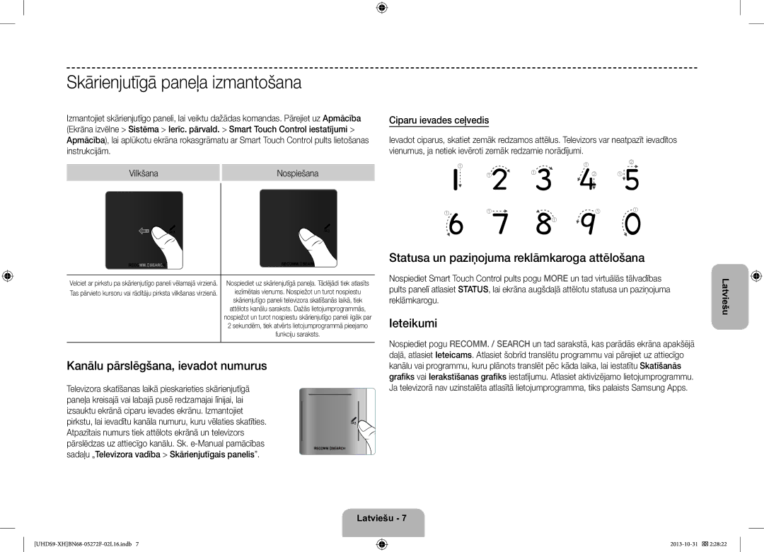 Samsung UE85S9STXXH manual Skārienjutīgā paneļa izmantošana, Statusa un paziņojuma reklāmkaroga attēlošana, Ieteikumi 