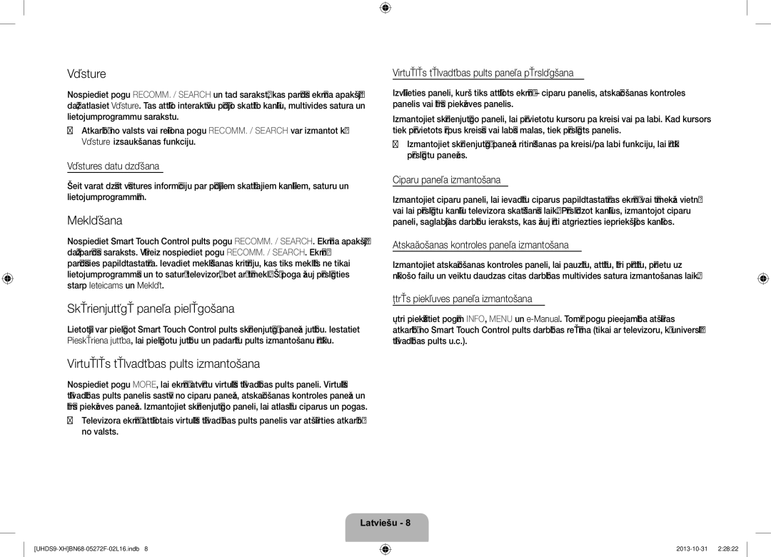 Samsung UE85S9STXXH manual Vēsture, Meklēšana, Skārienjutīgā paneļa pielāgošana, Virtuālās tālvadības pults izmantošana 