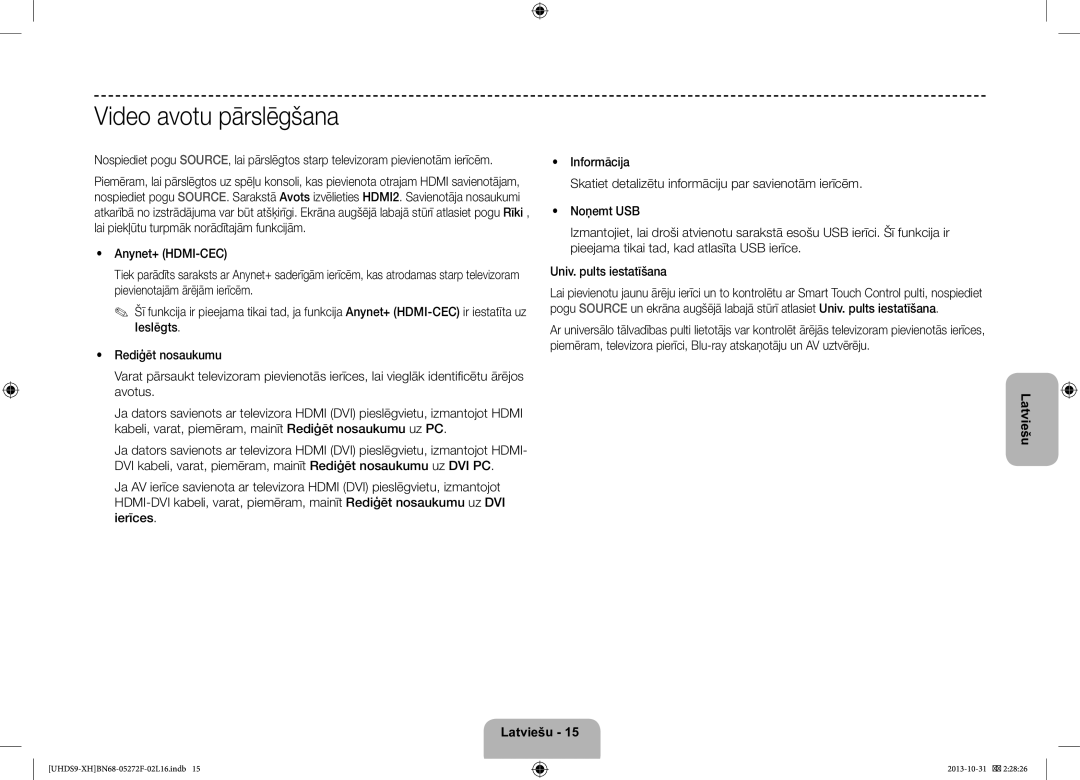 Samsung UE85S9STXXH manual Video avotu pārslēgšana 