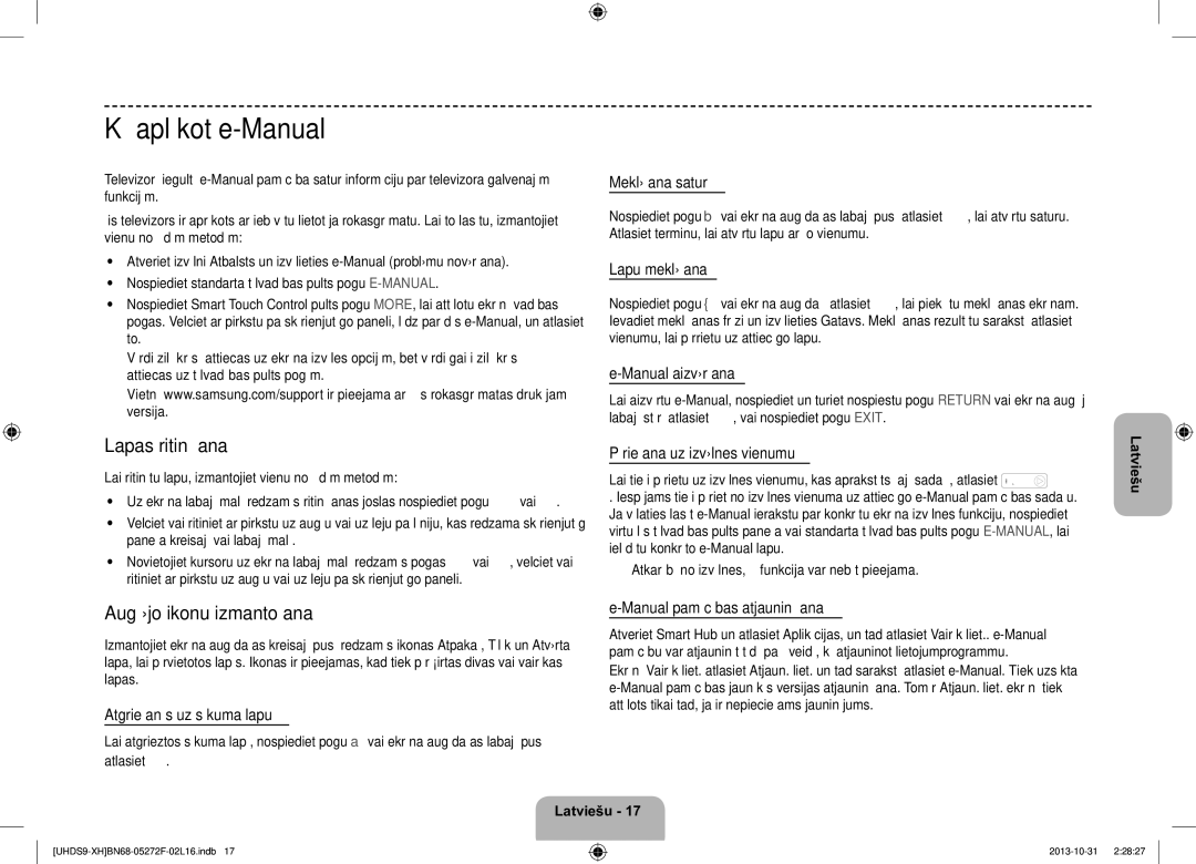 Samsung UE85S9STXXH manual Kā aplūkot e-Manual, Lapas ritināšana, Augšējo ikonu izmantošana 