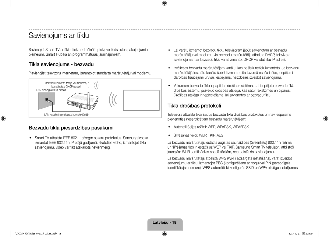 Samsung UE85S9STXXH manual Savienojums ar tīklu, Tīkla savienojums bezvadu, Bezvadu tīkla piesardzības pasākumi 