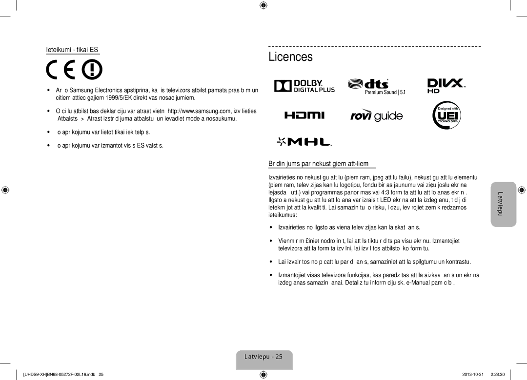 Samsung UE85S9STXXH manual Ieteikumi tikai ES, Brīdinājums par nekustīgiem attēliem 