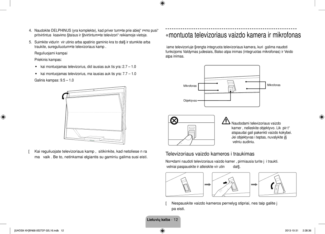 Samsung UE85S9STXXH manual Televizoriaus vaizdo kameros ištraukimas, Dalį, Mikrofonas, Objektyvas 