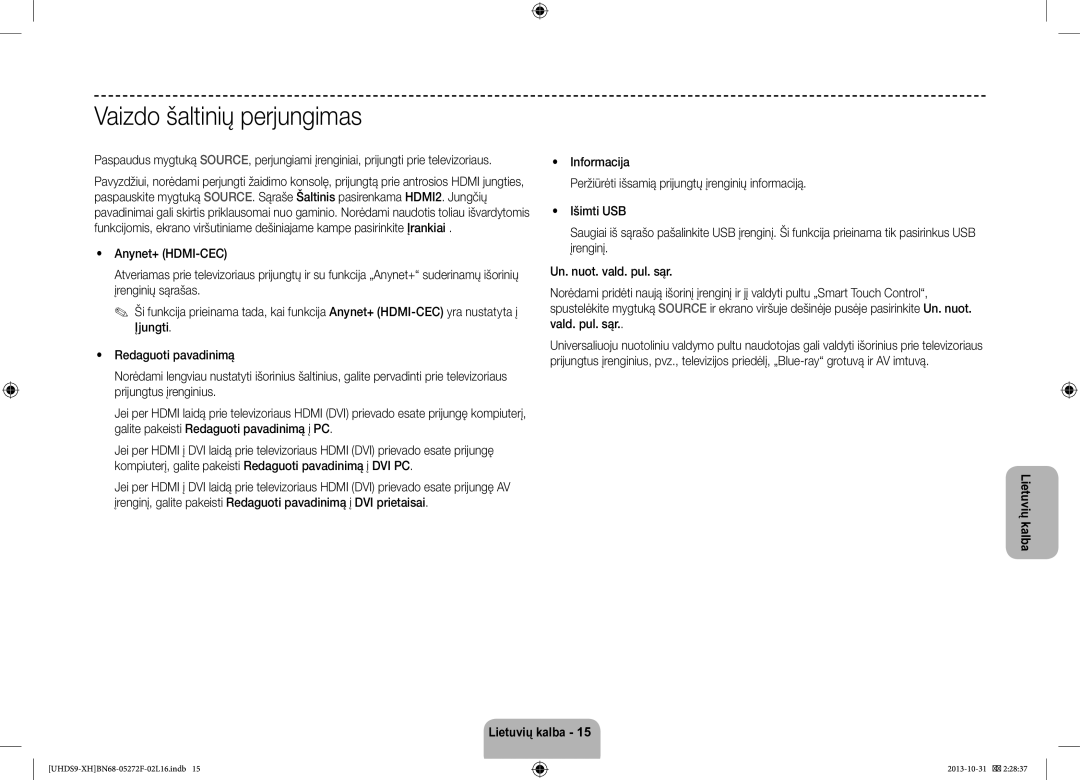 Samsung UE85S9STXXH manual Vaizdo šaltinių perjungimas 