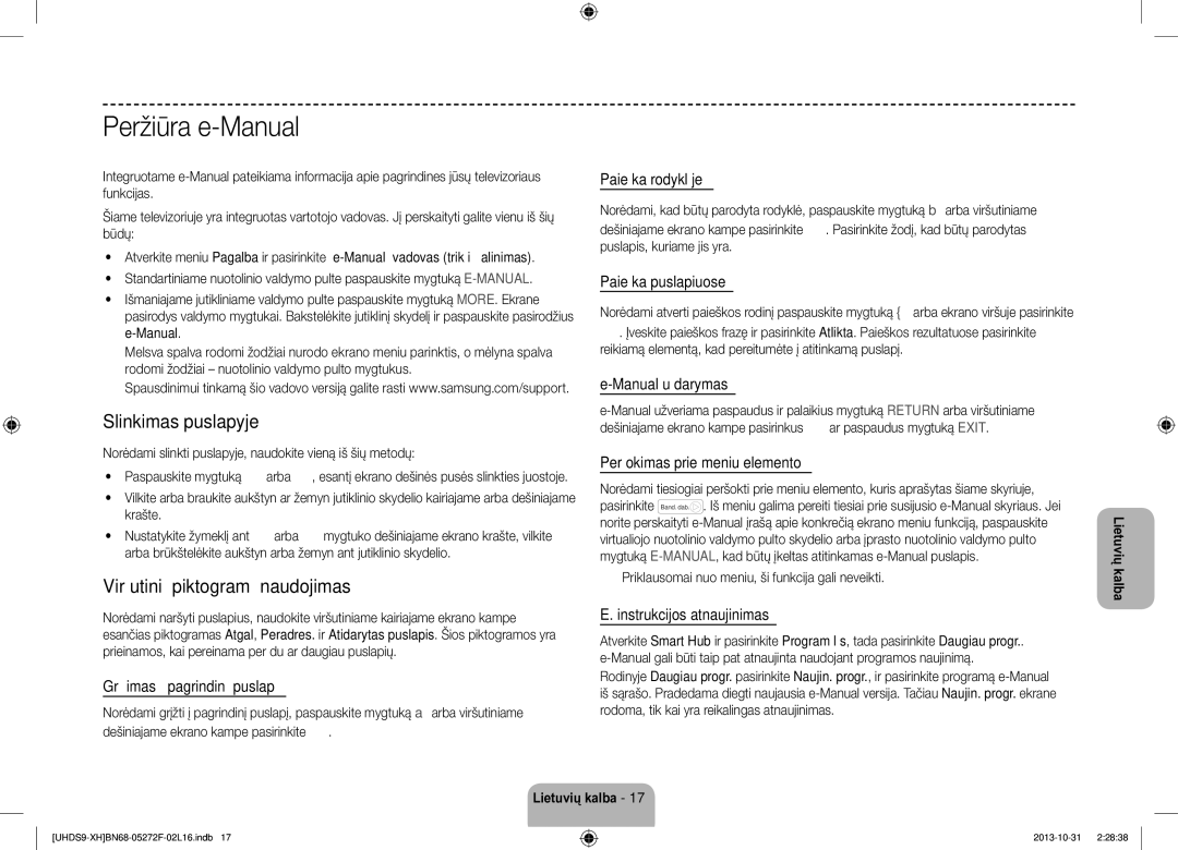 Samsung UE85S9STXXH manual Peržiūra e-Manual, Slinkimas puslapyje, Viršutinių piktogramų naudojimas 