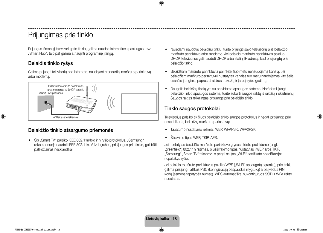 Samsung UE85S9STXXH manual Prijungimas prie tinklo, Belaidis tinklo ryšys, Belaidžio tinklo atsargumo priemonės, Pin 