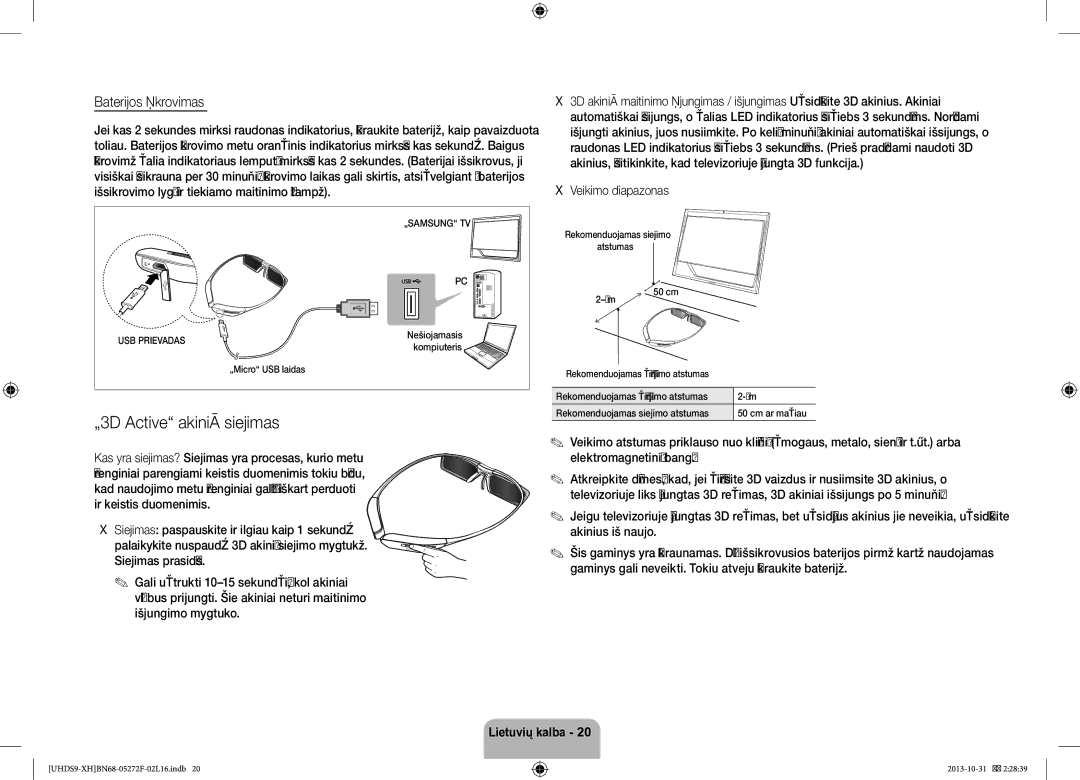 Samsung UE85S9STXXH manual „3D Active akinių siejimas, Baterijos įkrovimas, Veikimo diapazonas 