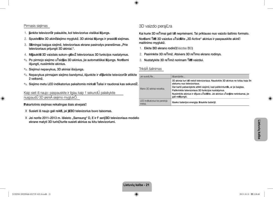 Samsung UE85S9STXXH manual 3D vaizdo peržiūra, Pirmasis siejimas, Trikčių šalinimas 