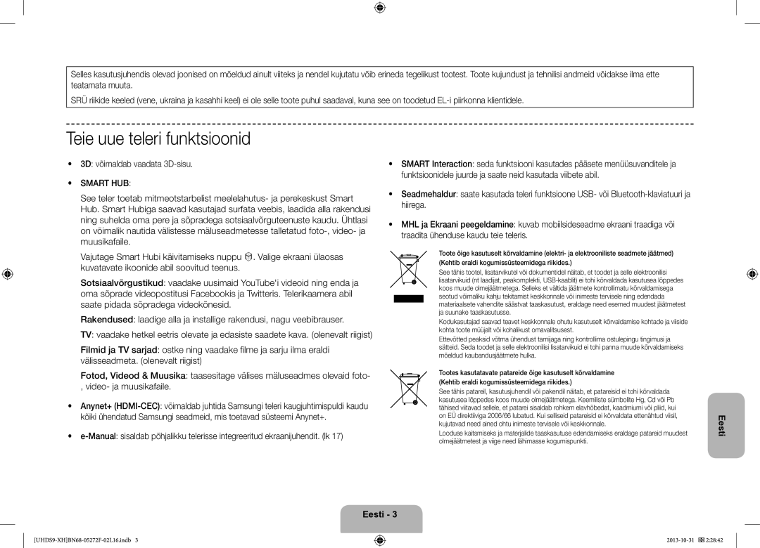 Samsung UE85S9STXXH manual Teie uue teleri funktsioonid, 3D võimaldab vaadata 3D-sisu 