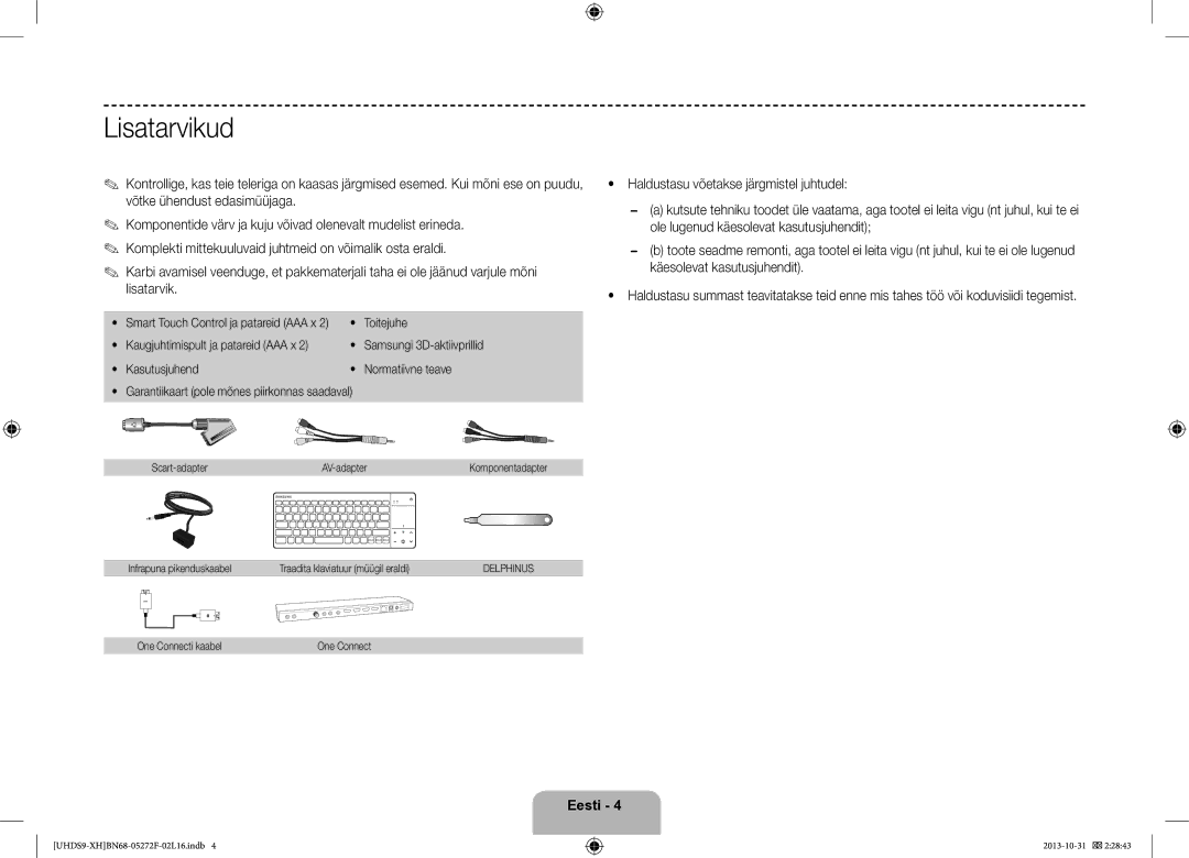 Samsung UE85S9STXXH manual Lisatarvikud, Smart Touch Control ja patareid AAA x, Scart-adapter AV-adapter 