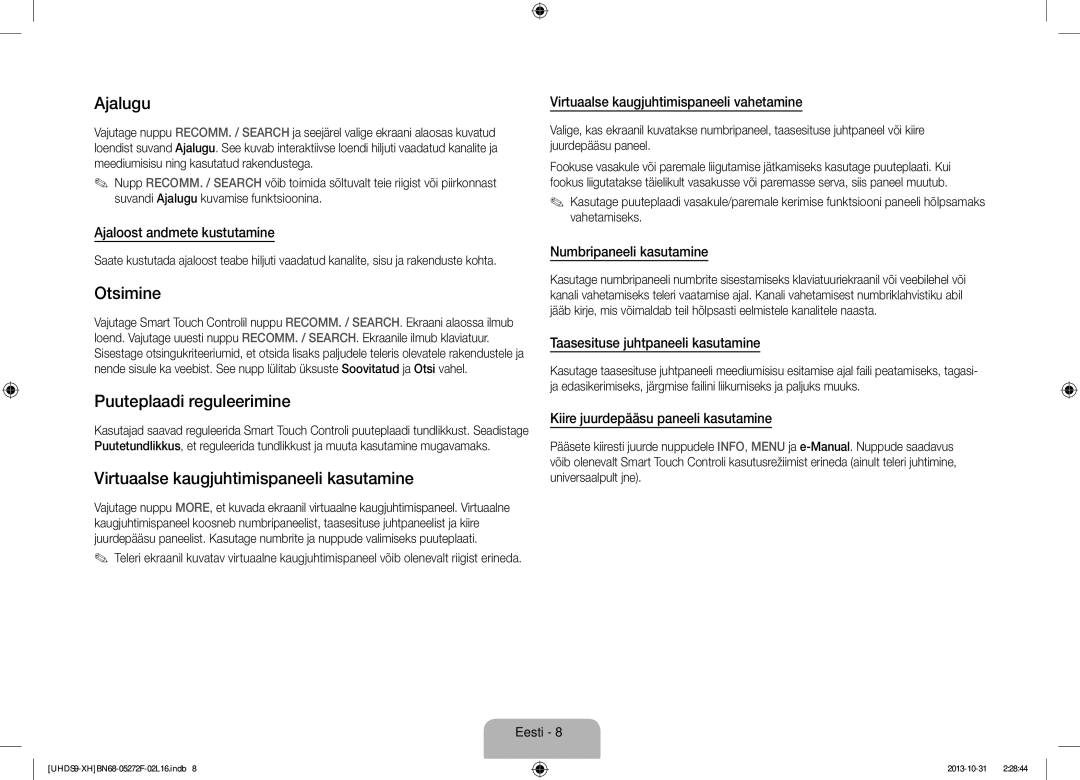 Samsung UE85S9STXXH manual Ajalugu, Otsimine, Puuteplaadi reguleerimine, Virtuaalse kaugjuhtimispaneeli kasutamine 