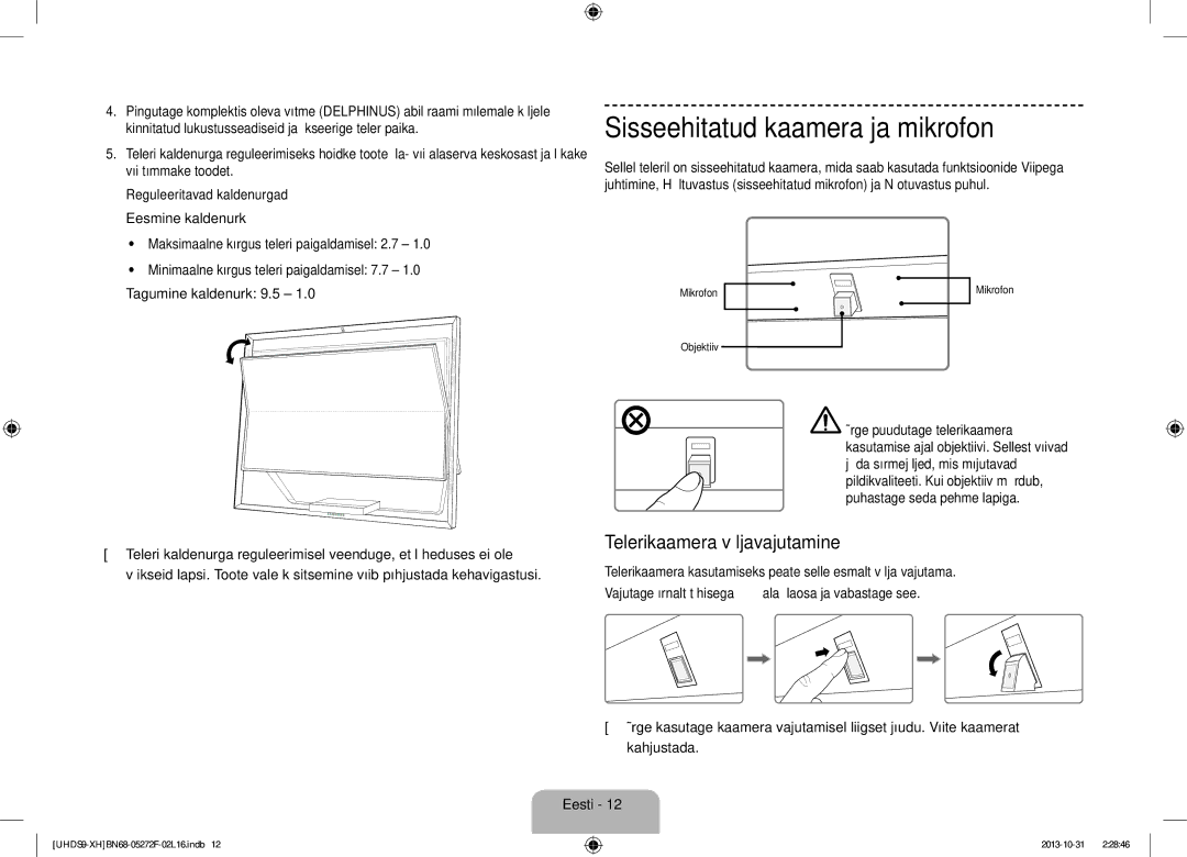 Samsung UE85S9STXXH manual Sisseehitatud kaamera ja mikrofon, Telerikaamera väljavajutamine 