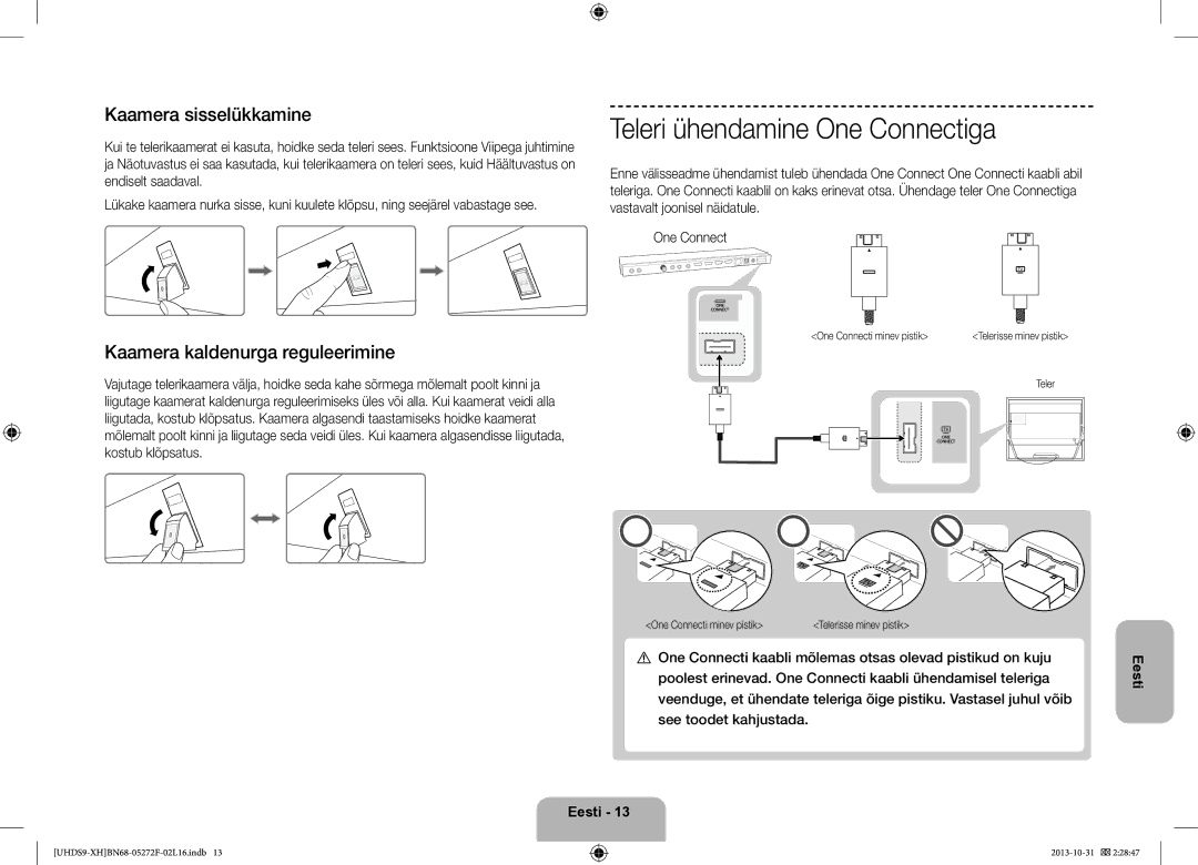 Samsung UE85S9STXXH manual Teleri ühendamine One Connectiga, Kaamera sisselükkamine, Kaamera kaldenurga reguleerimine 