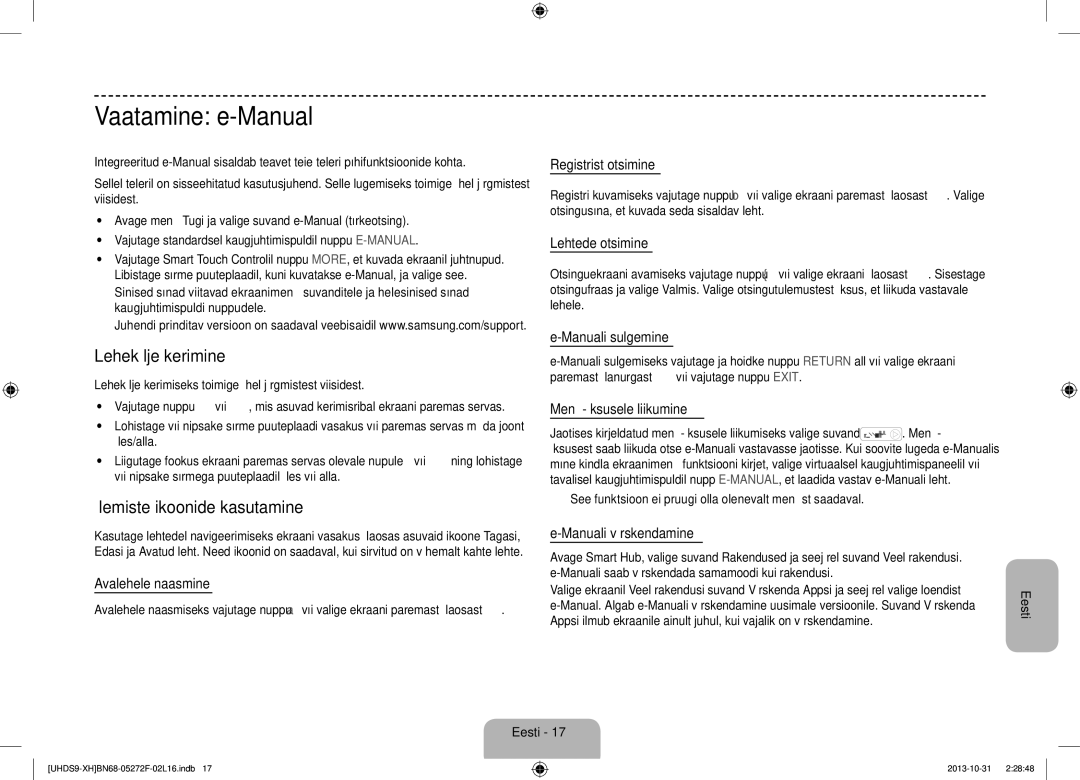 Samsung UE85S9STXXH manual Vaatamine e-Manual, Lehekülje kerimine, Ülemiste ikoonide kasutamine 