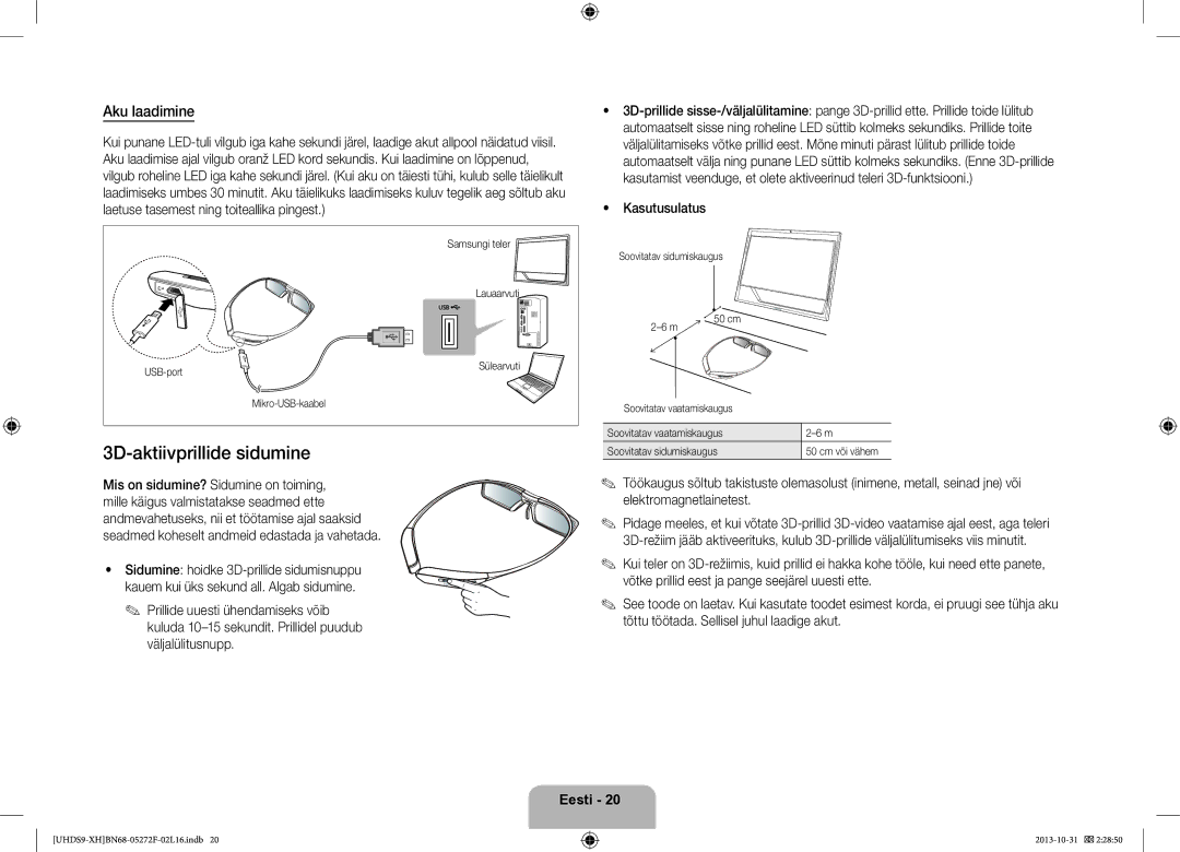 Samsung UE85S9STXXH manual 3D-aktiivprillide sidumine, Aku laadimine, Kasutusulatus 