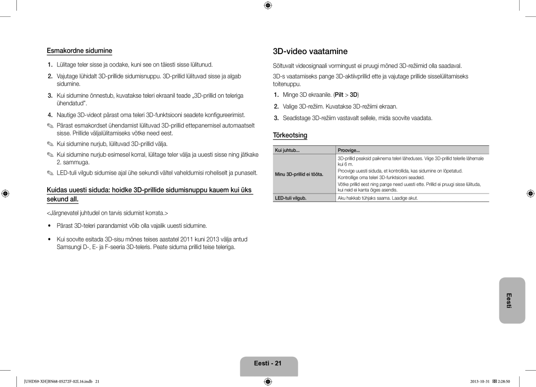 Samsung UE85S9STXXH manual 3D-video vaatamine, Esmakordne sidumine, Tõrkeotsing 