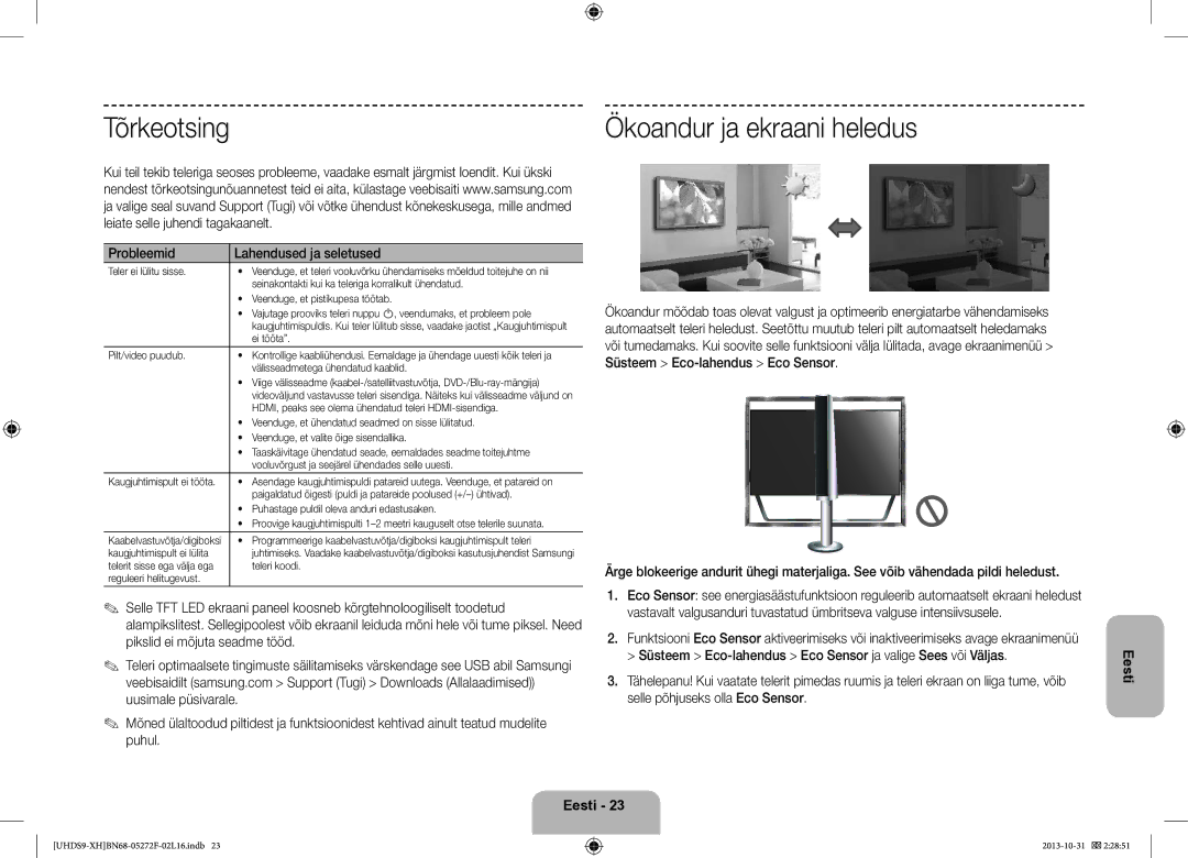 Samsung UE85S9STXXH manual Tõrkeotsing, Probleemid Lahendused ja seletused 