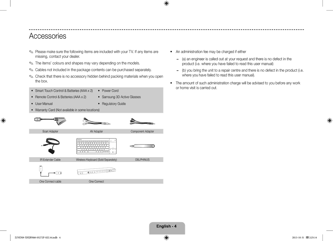 Samsung UE85S9STXXH manual Accessories, Smart Touch Control & Batteries AAA x, Samsung 3D Active Glasses 