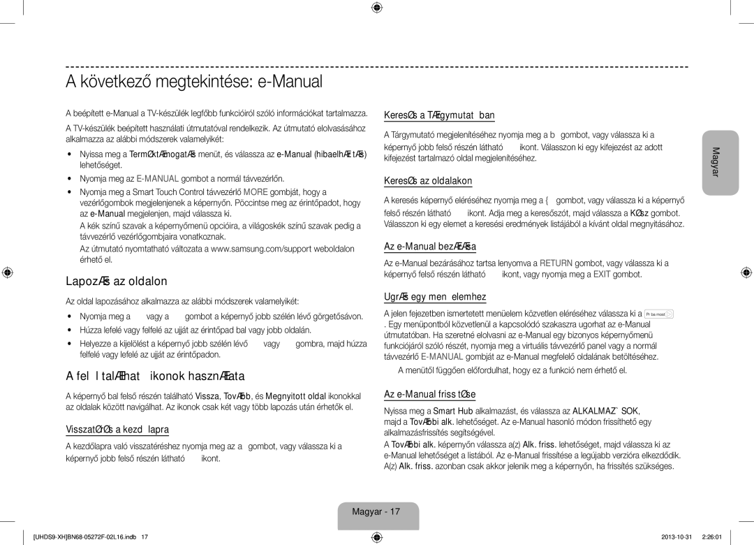 Samsung UE85S9STXXH manual Következő megtekintése e-Manual, Lapozás az oldalon, Felül található ikonok használata 