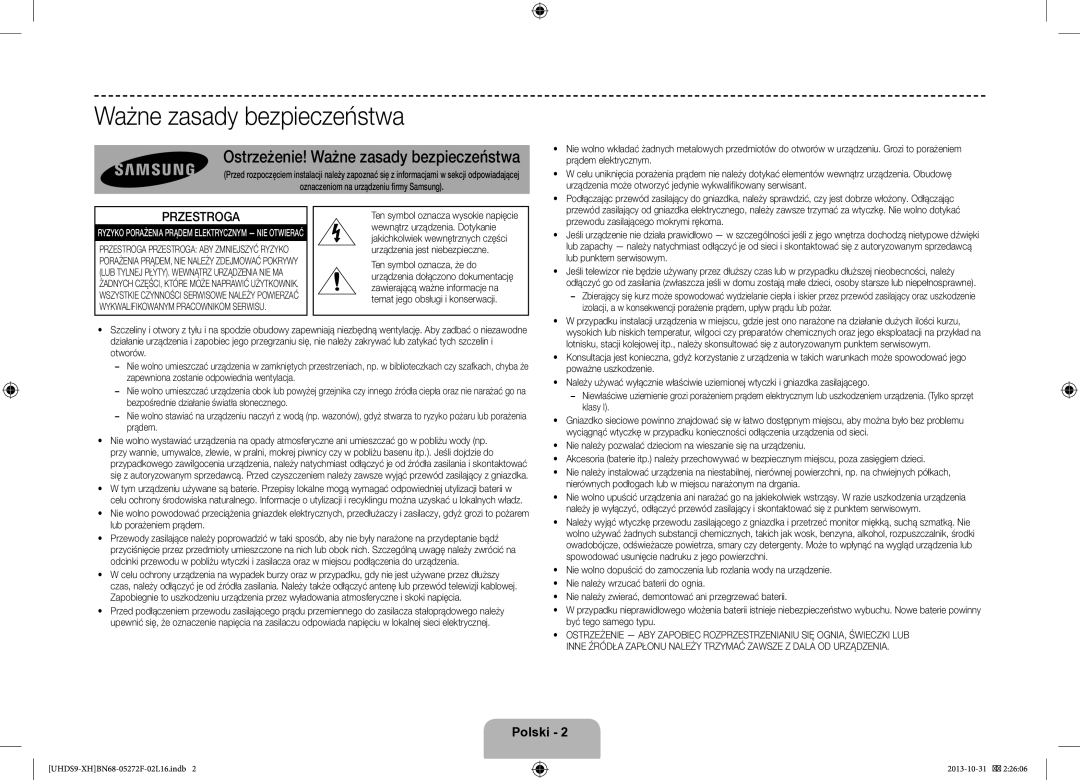 Samsung UE85S9STXXH manual Ostrzeżenie! Ważne zasady bezpieczeństwa, Przestroga 