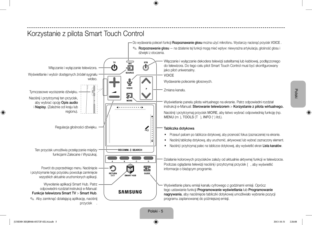 Samsung UE85S9STXXH manual Korzystanie z pilota Smart Touch Control 