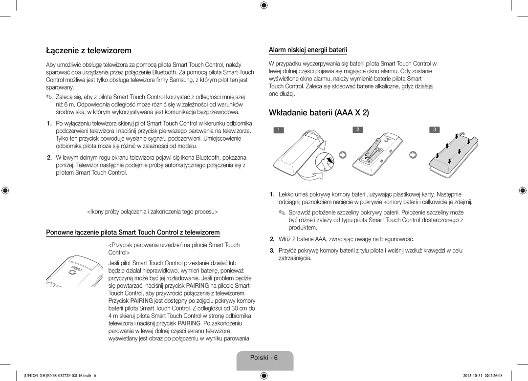 Samsung UE85S9STXXH manual Łączenie z telewizorem, Wkładanie baterii AAA X, Alarm niskiej energii baterii 