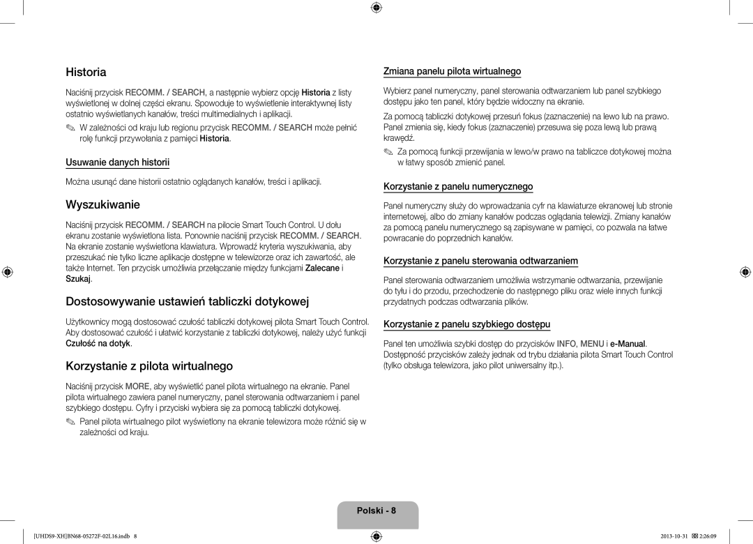 Samsung UE85S9STXXH Historia, Wyszukiwanie, Dostosowywanie ustawień tabliczki dotykowej, Korzystanie z pilota wirtualnego 