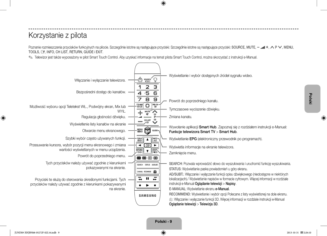 Samsung UE85S9STXXH manual Korzystanie z pilota, Szybki wybór często używanych funkcji, Pokazywanymi na ekranie 