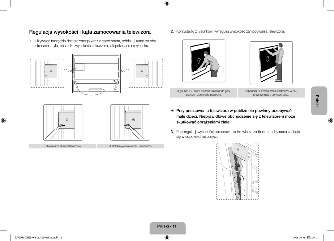 Samsung UE85S9STXXH manual Regulacja wysokości i kąta zamocowania telewizora, Blokowanie ekranu telewizora 