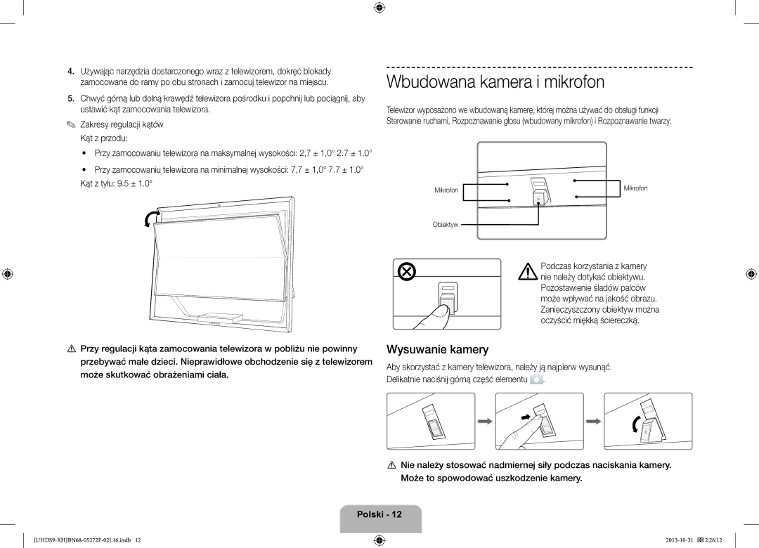 Samsung UE85S9STXXH manual Wbudowana kamera i mikrofon, Wysuwanie kamery, Może skutkować obrażeniami ciała, Obiektyw 