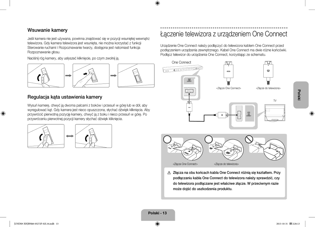 Samsung UE85S9STXXH manual Wsuwanie kamery, Regulacja kąta ustawienia kamery, Złącze One Connect 