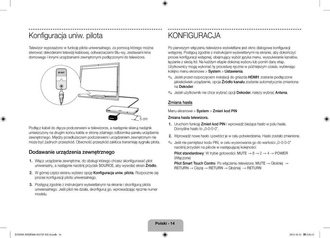 Samsung UE85S9STXXH manual Konfiguracja uniw. pilota, Dodawanie urządzenia zewnętrznego, Zmiana hasła 