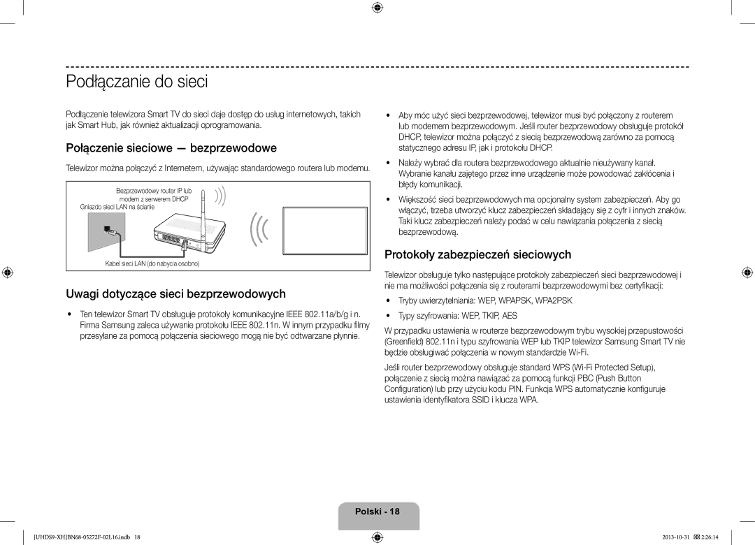 Samsung UE85S9STXXH manual Podłączanie do sieci, Połączenie sieciowe bezprzewodowe, Uwagi dotyczące sieci bezprzewodowych 